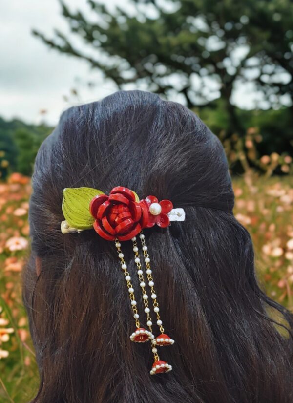 Regal Rose Hair Clip with Chain Danglers